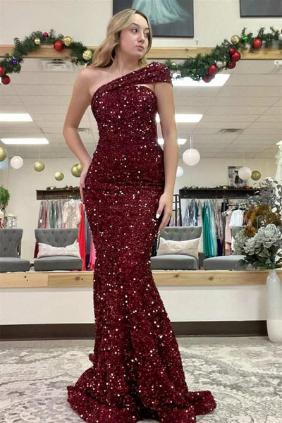 Plus-Size Women's Clothing Sale Event, Prices Rock Sequined Burgundy One Shoulder Sleeveless Mermaid Prom Dress