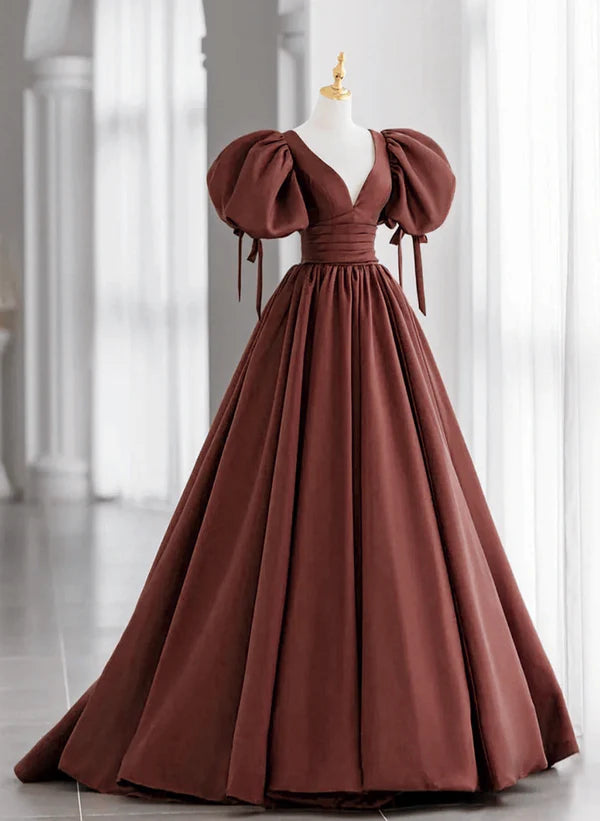 Women's Everyday Garments Durable Fashion Picks A-Line Brown Satin Ball Gown Short Sleeves Long Party Dress V-neckline Prom Dress