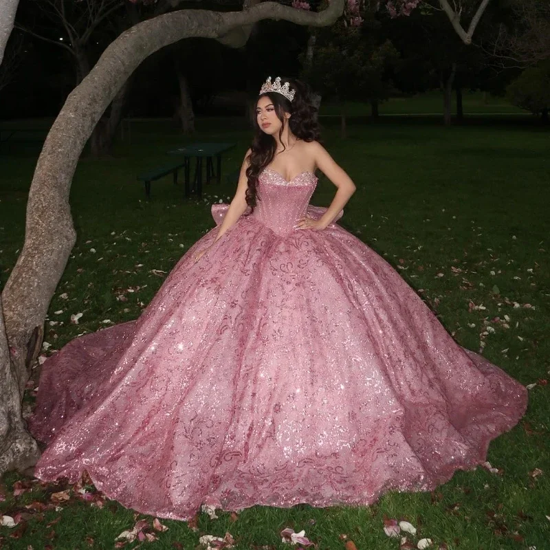 Women's Elegant Clothing Sets From Casual To Classy Pink Shiny Off The Shoulder Ball Gown Quinceanera Dresses Sweetheart Sequined Beads Crystal Lace Tull Corset Vestidos De 15 Años