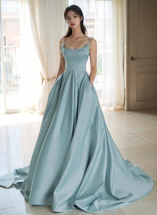 Women's Luxury Garments Chic Trends Unveiled A-Line Blue Satin Beaded Straps Long Evening Dress Ballgown Satin Prom Dress With Sweep Train