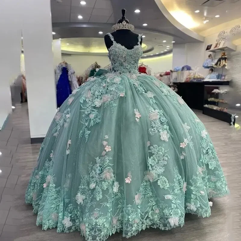 Women's Activewear Outfit Flash Sale, Don'T Miss Sage Green Princess Ball Gown Quinceanera Dresses Spaghetti Strap 3DFlowers Appliques Sweet 16 Dress Lace-Up Vestidos De 15 Años