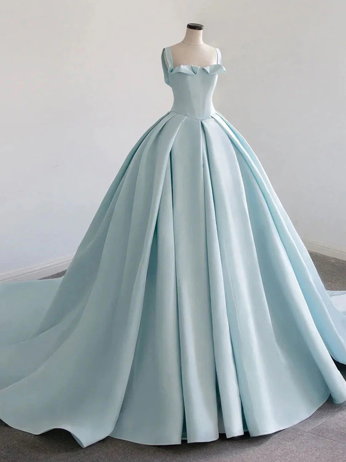 Women's Vintage-Inspired Clothing Dreamy Draping Amzcw Blue Satin Sweep Train Long Prom Dresses Blue Satin Evening Dress prom dress in store