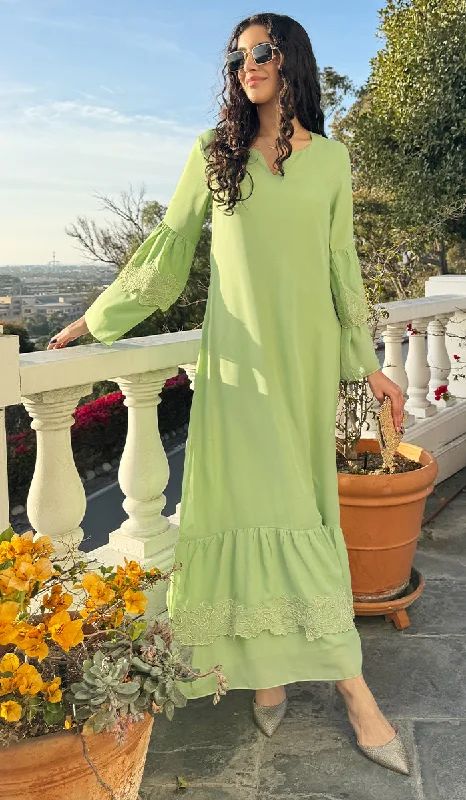 Women's Outerwear Attire High End Designer Brands Discount Mahin Embroidered Chiffon Modest Long Maxi Dress - Celadon/Gold - PREORDER (ships in 2 weeks)