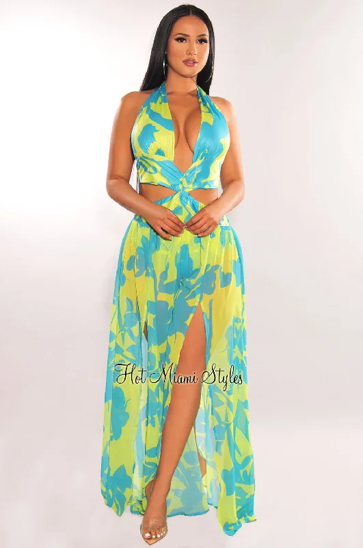 Women's Resort Garments Crazy Price Slashing Lime Blue Halter Tie Up Cut Out Double Slit Maxi Dress