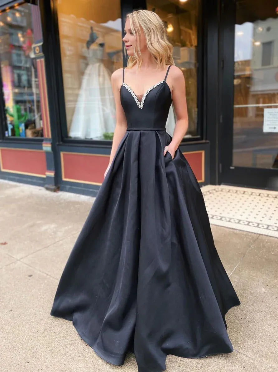 Modern Women's Apparel Chic Outfits Amzcw Simple black satin long prom dress black satin evening dress stores with prom dresses