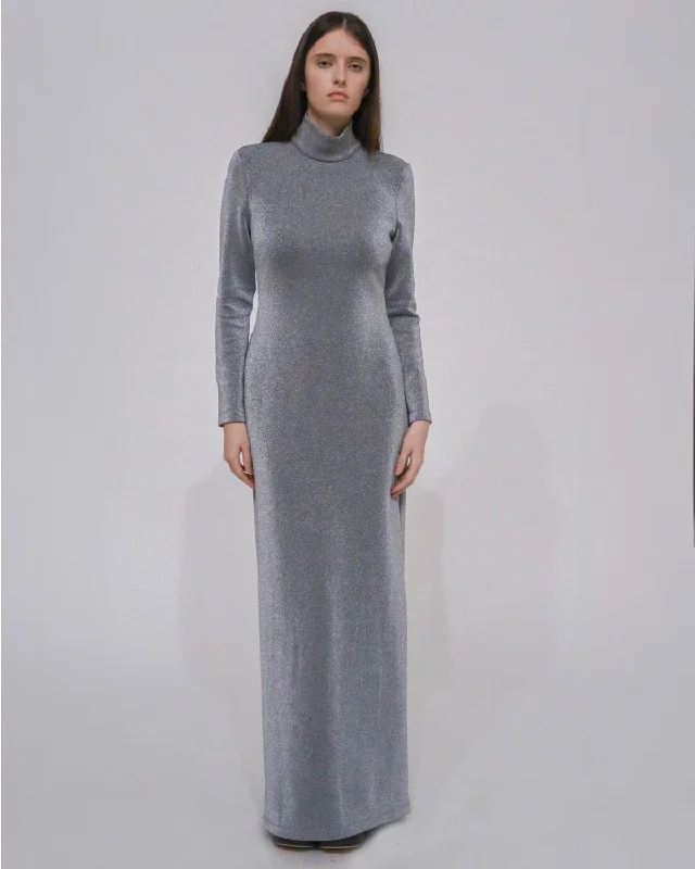 Sustainable Women's Apparel Unleash Your Trendy Side FITTED TURTLENECK MAXI DRESS - LUREX