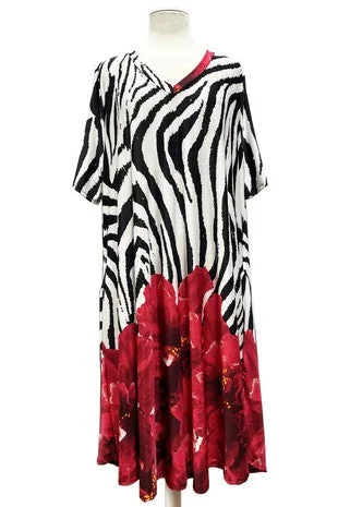 Women's Fashionable Clothing Sets Feminine Elegant Stunning Zebra Red Floral Dress with Pockets