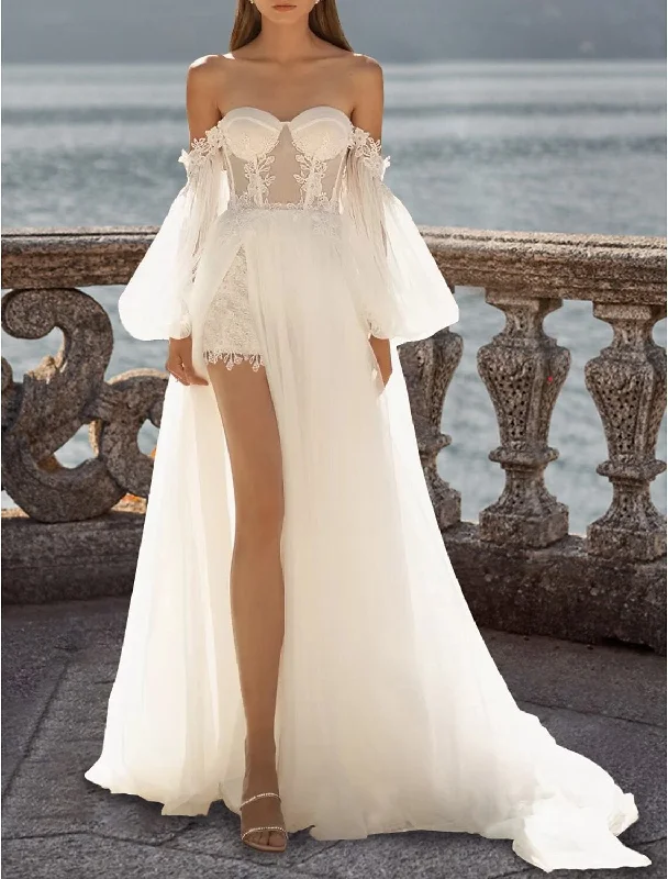 Women's Athletic Outfit Exclusive Discount Beach Wedding Dresses A-Line Off Shoulder Long Sleeve Court Train Lace Bridal Gowns With Appliques Split Front