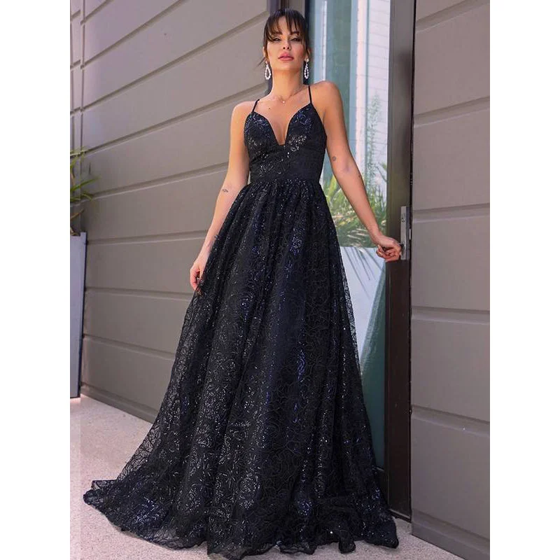 Women's High-Fashion Garments Holiday Glam Gorgeous Black Sling V-Neck Open Back Sequin Lace Embroidered Evening Gown Party Dress