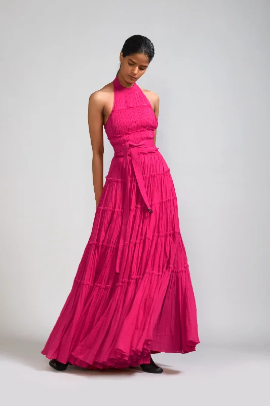 Stylish Women's Outerwear Apparel Hot Trends Pink Backless Tiered Gown