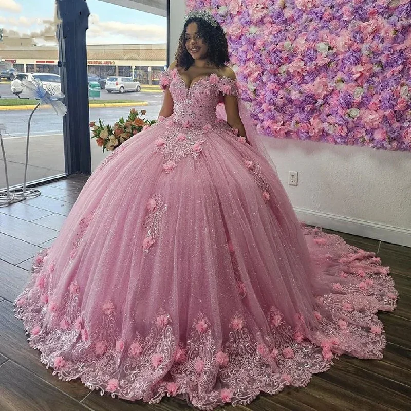 High-Fashion Women's Clothing Big Discounts Princess Pink Lace Off Shoulder Quinceanera Dresses For Sweet 16 Years Gowns Birthday Party Princess Lace Appliques Puffy Ball