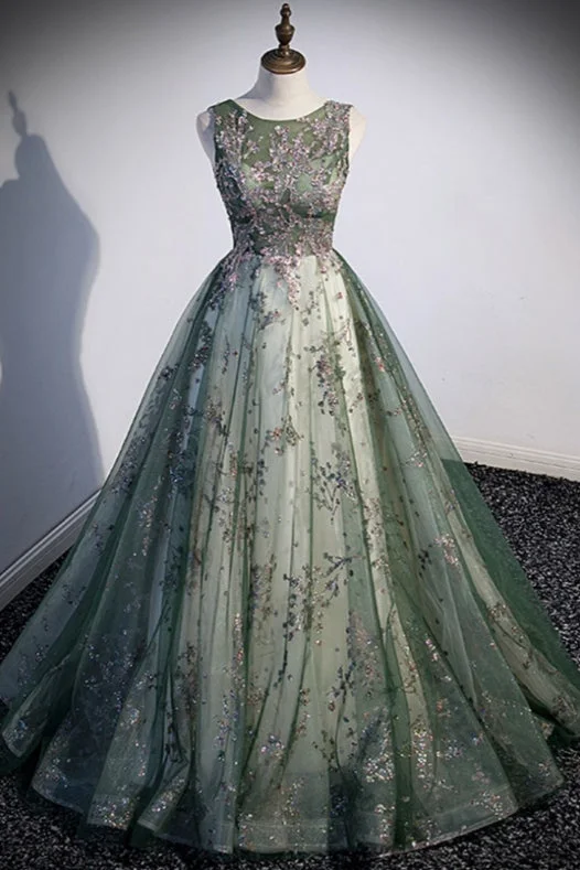 Women's Clothing For Holiday Travel Comfortable Chic Green Tulle Sleeveless Prom Dress with Sparkly Sequins