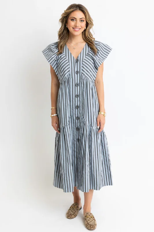 Charming Women's Holiday Apparel Unleash Your Fashion Stripe Vneck Button Maxi Dress