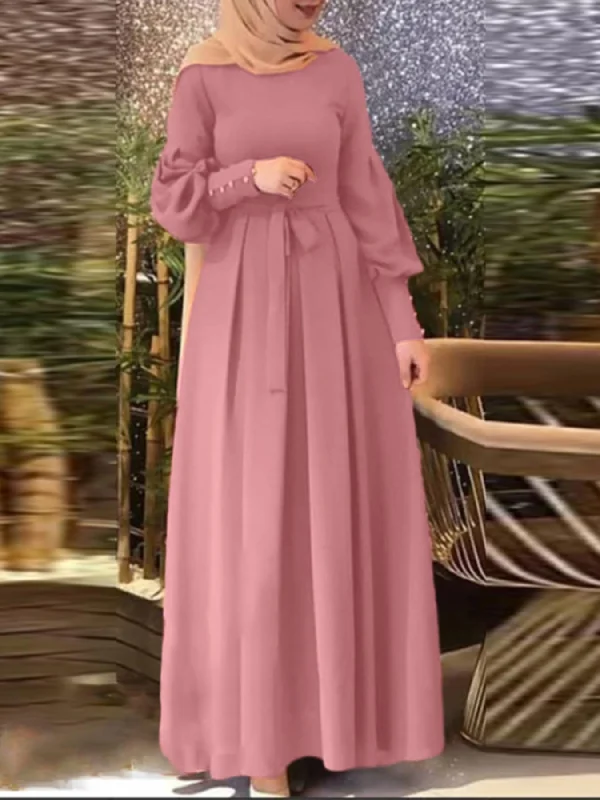 Stylish Women's Apparel The Latest Fashion Trends Stunning Long Sleeve Crew Neck Kaftan Maxi Dress - Elegant Tie Waist Design, Flowy Plain Color Fabric, Comfortable Women's Clothing for Everyday Wear - Perfect for Formal Occasions and Casual Events