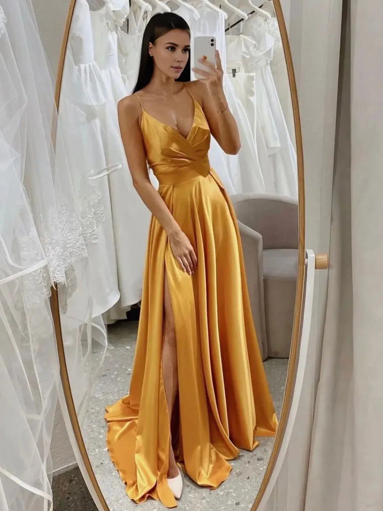 Women's Elegant Clothing Sets Effortless Grace Amzcw Simple v neck satin yellow long prom dress yellow evening dress prom dresses shops