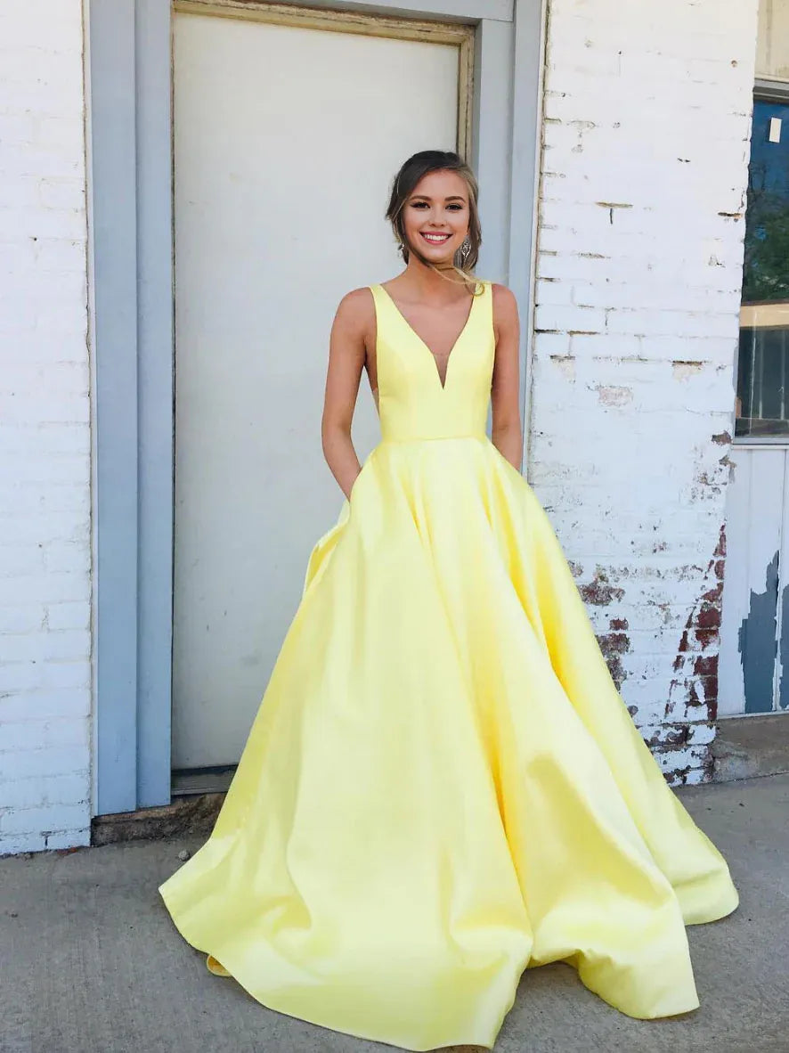 Women's Trendy Activewear Apparel Latest Trends Amzcw Simple v neck satin long prom dress yellow evening dress stores with prom dresses