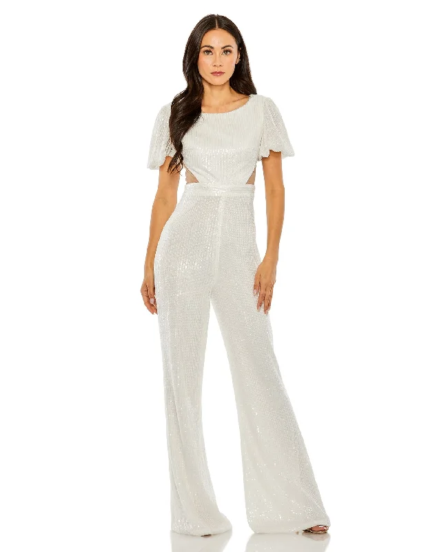 Women's Outfit Top Brand Discounts Mac Duggal 11273 Formal Short Puff Sleeve Jumpsuit