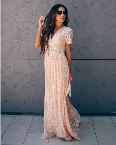 Women's Plus-Size Apparel Trend Setting Threads V neck Short Sleeve Hollow Out Sexy Lace Maxi Dress