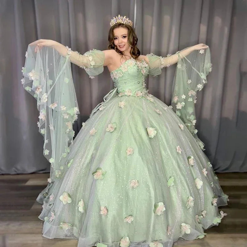 Women's Plus-Size Outfit Trendy Aesthetics Sage Green Sweet Princess Quinceanera Dress Bead Appliques 3D Flower Vestidos De 15 Birthday Party Graduation Ball Gown