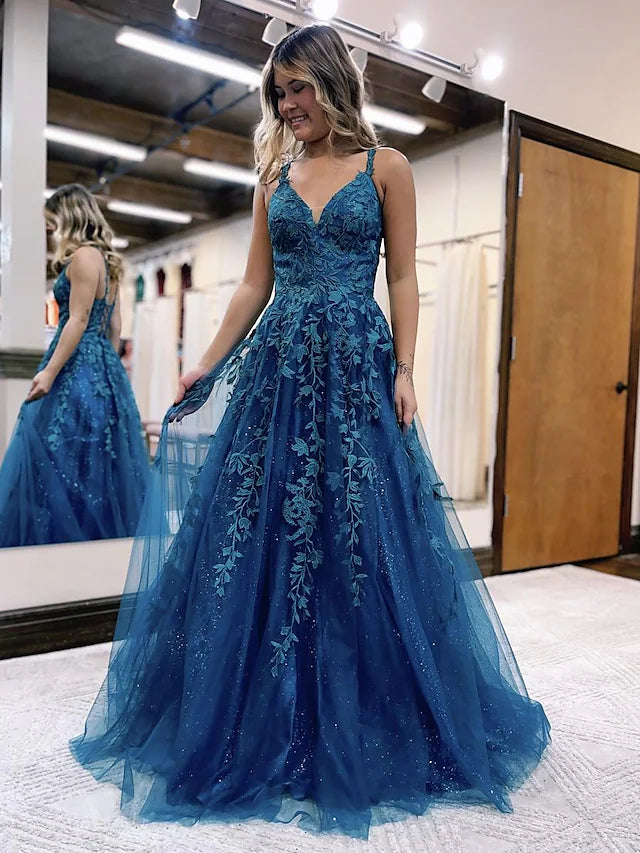 Timeless Women's Apparel Sleek Design A-Line Prom Dresses Sparkle & Shine Dress Formal Floor Length Sleeveless V Neck Tulle Backless with Glitter Appliques