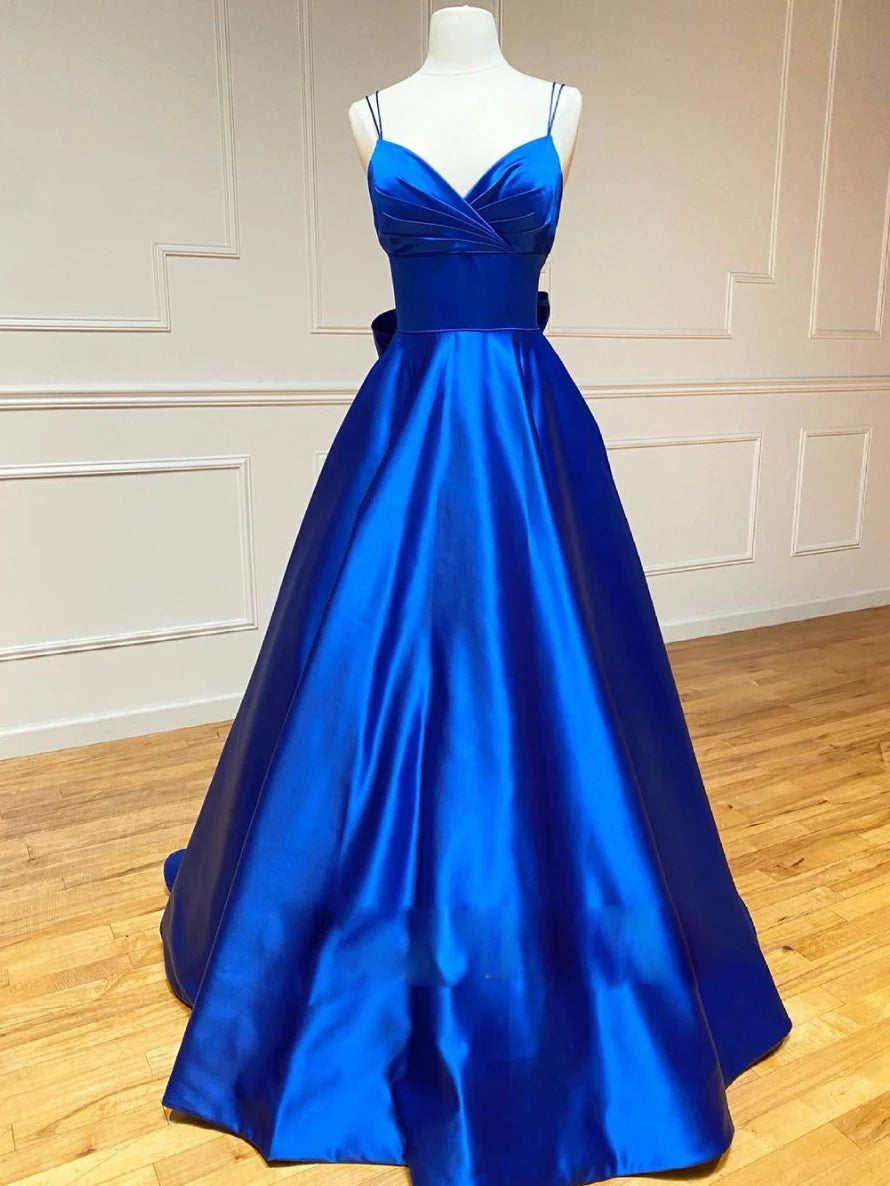 Women's Contemporary Apparel Exclusive Sale Amzcw Blue v neck satin long prom dress blue evening dress stores with prom dresses