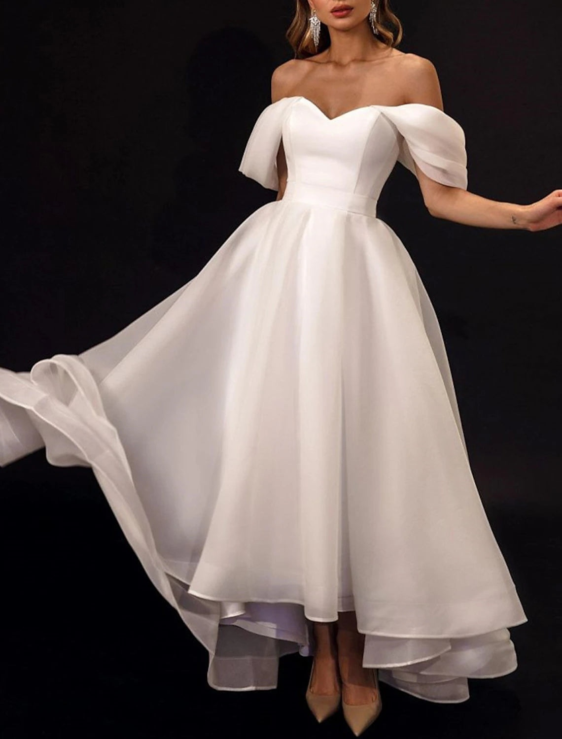 Women's Outfit Quality Wear Reception Little White Dresses Wedding Dresses A-Line Off Shoulder Cap Sleeve Asymmetrical Organza Bridal Gowns With Solid Color