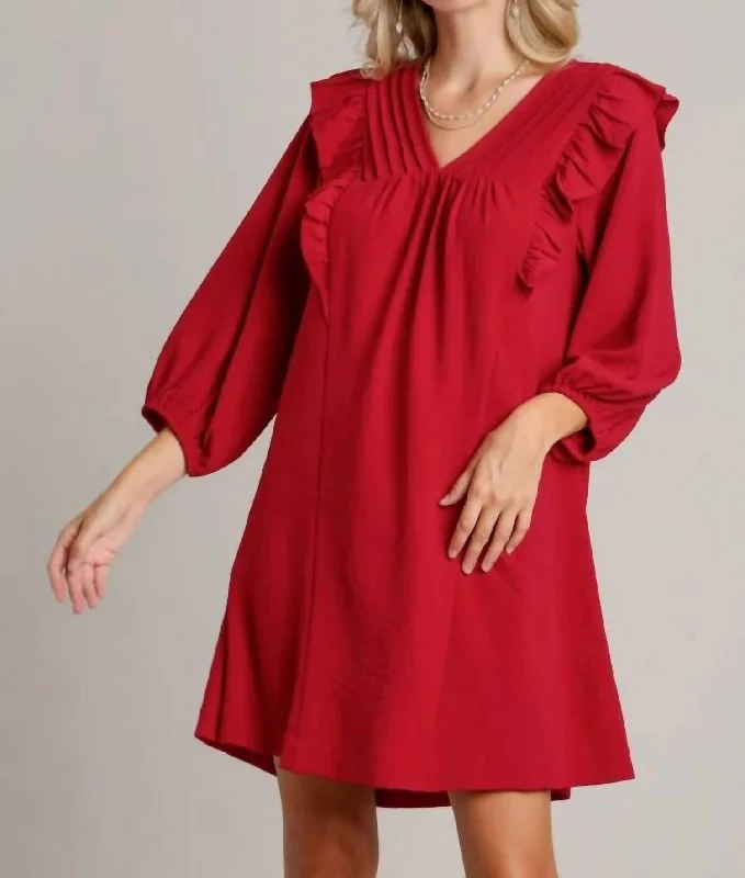 Elegant Clothing For Women Limited Time Long Sleeve Mini Dress With Ruffle Details In Burgundy