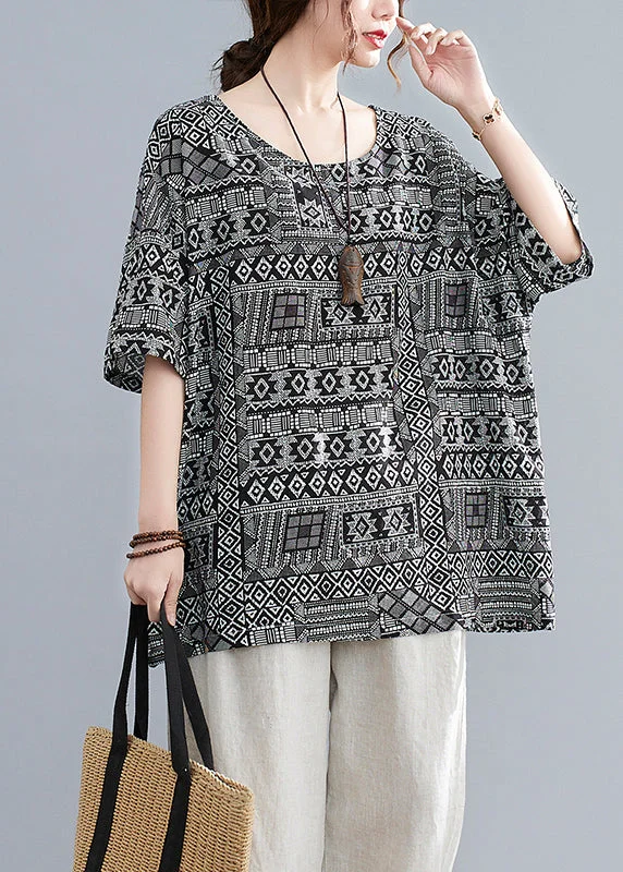 Formal Garments For Women Urban Sophistication Plus Size Black Oversized Print Linen Tanks Half Sleeve