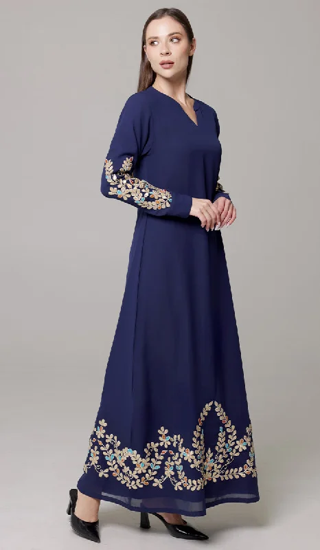 Women's Activewear Attire Trendy Clothing Sale Meraj Gold Embellished Modest Long Maxi Dress - Sapphire - PREORDER (ships in 2 weeks)