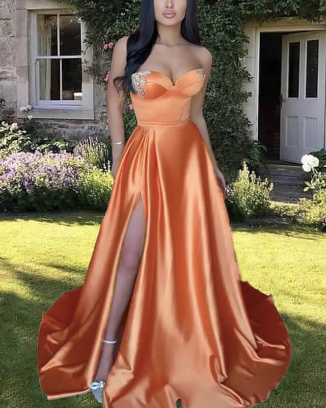 Women's Holiday Attire Signature Style Essentials A-Line Long Orange Satin Sweetheart Split Gown Prom Dresses with Sweep Train