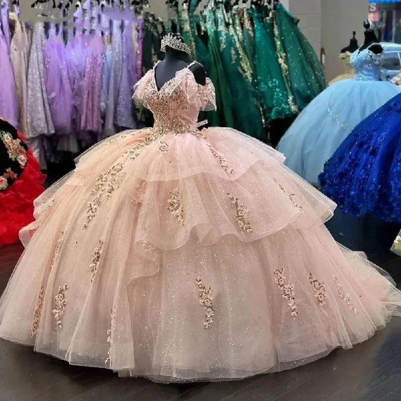 Women's Formal Event Clothing Don'T Miss Out Princess Pink Off Thoulder Ball Gown Quinceanera Dress Beaded Birthday Party Gowns Applique Sweet 16 Tiered Vestidos De 15 Años