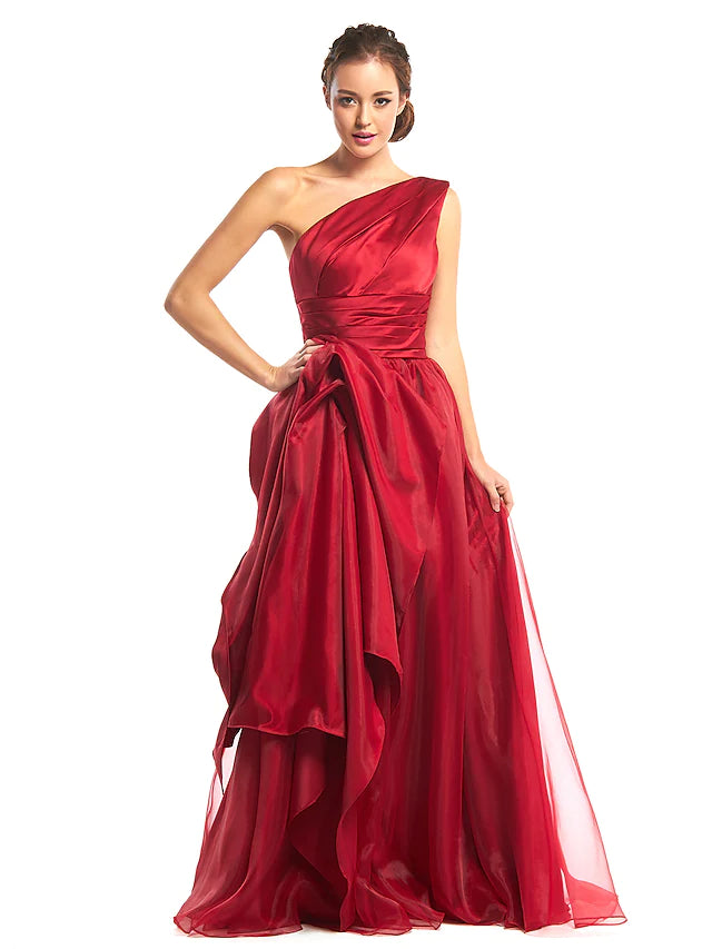 Fashion-Forward Women's Clothing Effortless Everyday Wear Prom Formal Evening Dress One Shoulder Sleeveless Floor Length Organza with Side Draping