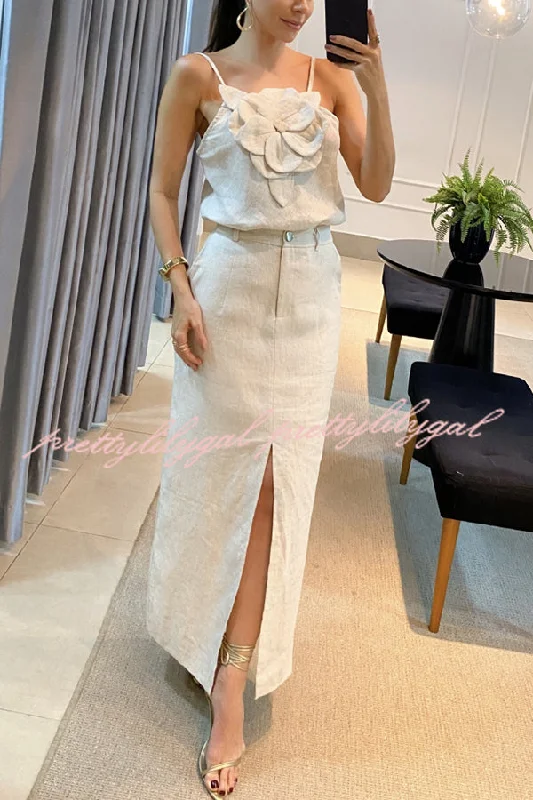 Women's Formal Event Outfit Trend Alert Charming Lady Linen Blend Floral Embellishment Tank and High Rise Pocketed Slit Skirt Set