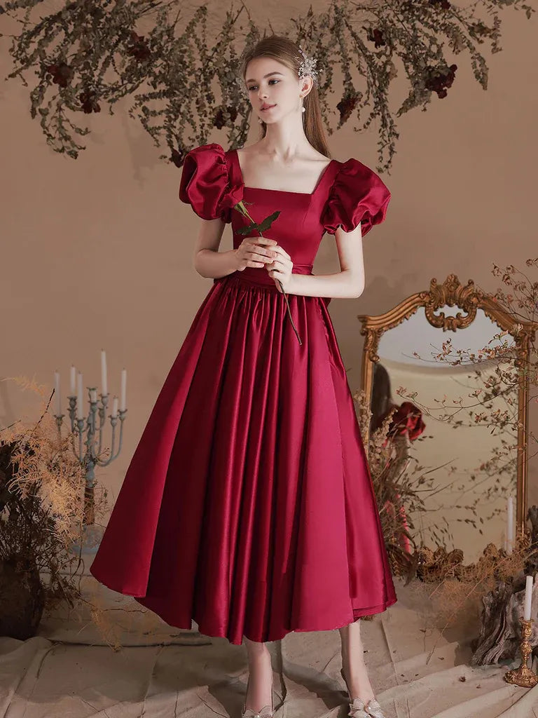 Formal Outfit For Women Ethnic Cultural Event Wear Amzcw A-Line Satin Tea Length Burgundy Prom Dress Burgundy Formal Dress prom dress in store