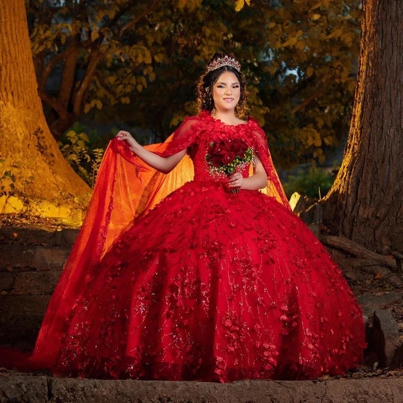 Timeless Women's Clothing Unbeatable Deals Red Shiny Off The Shoulder Quinceanera Dresses Ball Gown Appliques Lace Handmade Flowers Beads With Cape Sweet 15 Party Wear