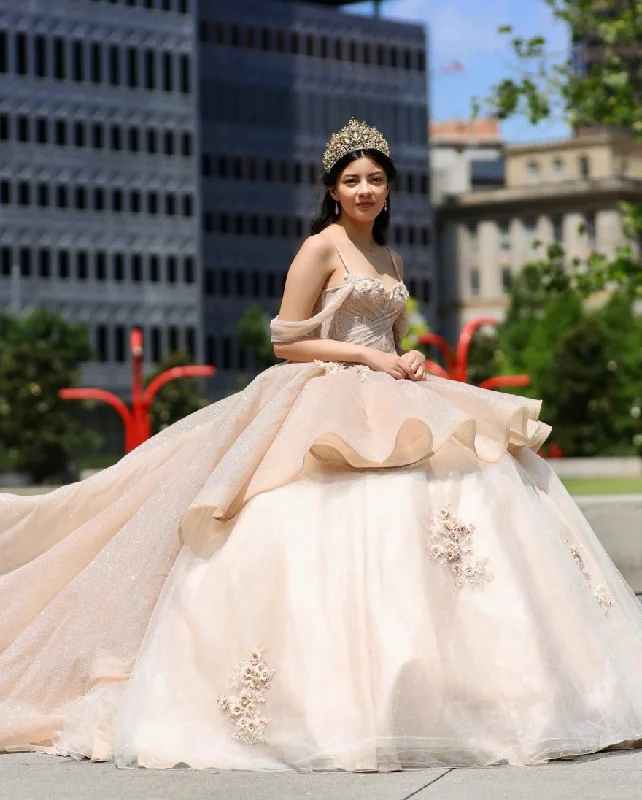 Women's Activewear Garments Chic Style, Always In Vogue Sparkly Champagne Quinceanera Dress Ball Gown Spaghetti Appliques Beaded Mexican 16 Birthday Princess Gown