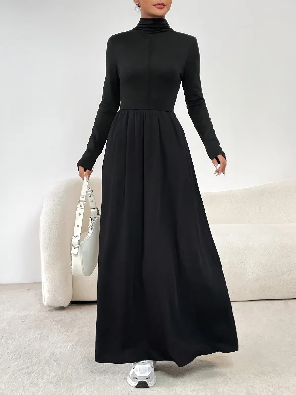 Vintage-Inspired Garments Buy More, Save More Stunning Cinched Waist Maxi Dress - Elegant Long Sleeve, A-Line Silhouette, Mock Neck Design, Perfect for Spring & Fall, Women's Clothing for Chic Occasions