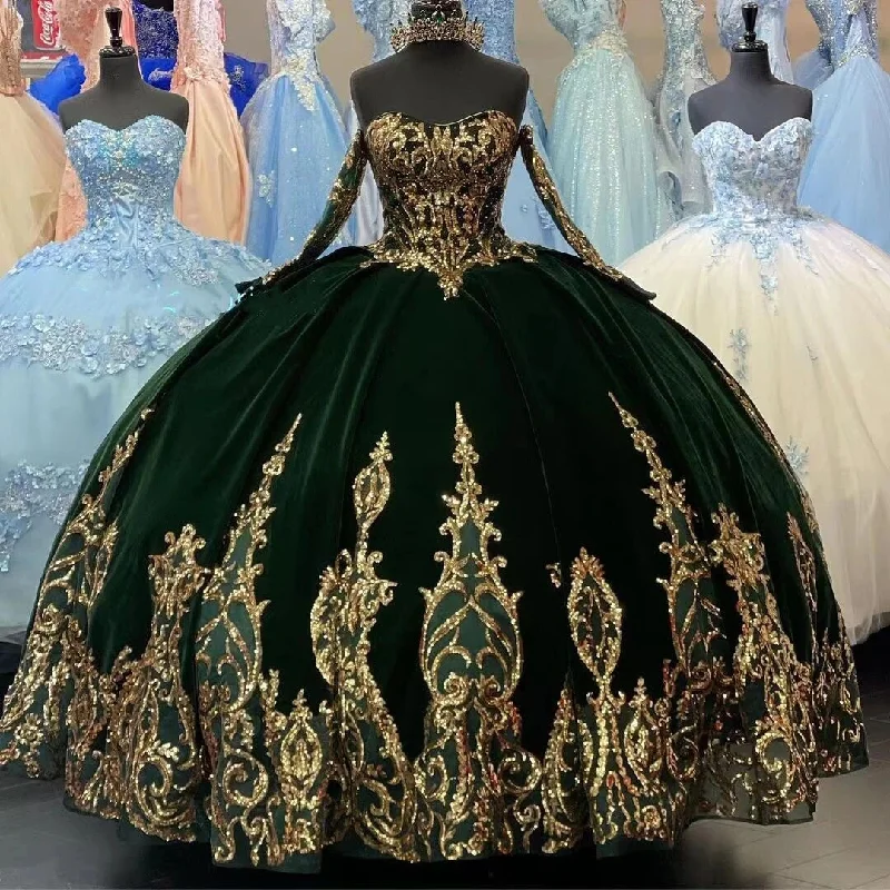 Plus-Size Women's Garments Quality Wear Sparkly Green Velvet Quinceanera Dresses Ball Gown Sequin Appliques Graduation Gowns vestidos de xv años Sweet 15 16 Dress