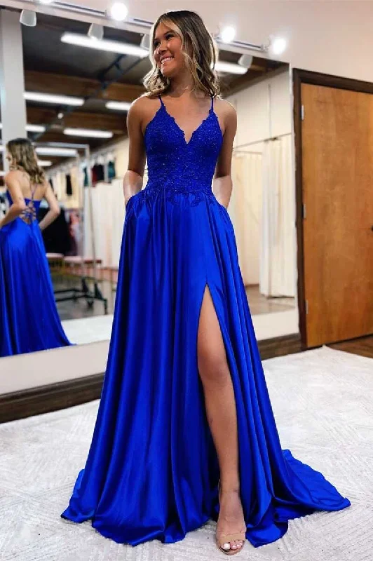 Women's Casual Garments Chic & Cozy Collection Cute A Line V Neck Royal Blue Satin Long Prom Dresses with Slit