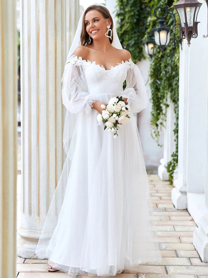 Women's Everyday Garments Season Transition Versatile Wear Clearance Sheer Lantern Sleeve Off the Shoulder Wedding Dress