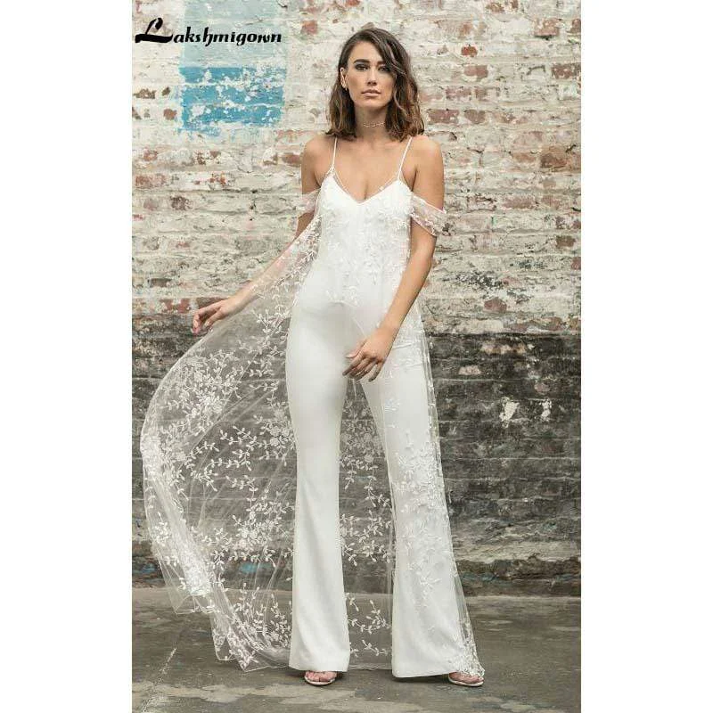 Affordable Women's Attire You'Ll Love Us Because Roycebridal White Wedding Jumpsuit Beach Wedding Dresses With Cape