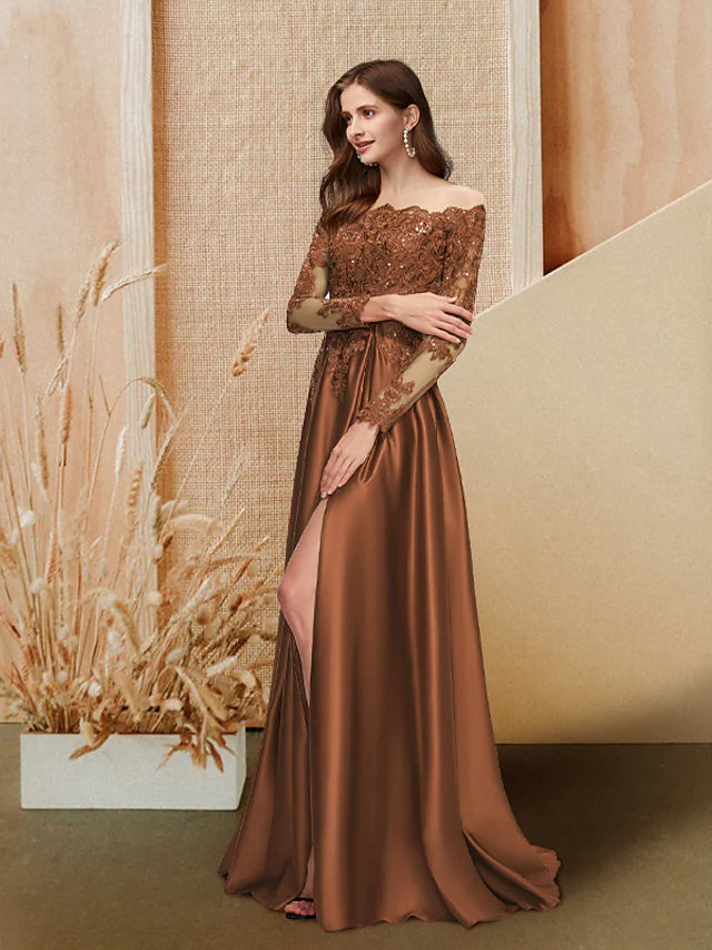 Chic Clothing For Women Classic Appeal Evening Gown Glittering Dress Engagement Floor Length Long Sleeve Off Shoulder Satin with Sequin Slit Lace Insert