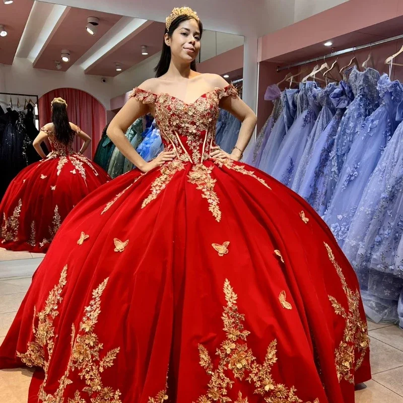 Classic Women's Clothing Styles New Arrivals Red Ball Gown Quinceanera Dresses Sweet 16 Dress Tulle Gold 3D Flowers Bow