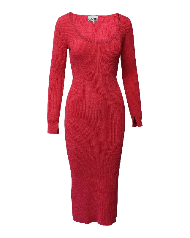 Women's Seasonal Wardrobe Clothing Trend Setting Threads Ganni RIbbed Knit Long Sleeve Midi Dress in Red Wool