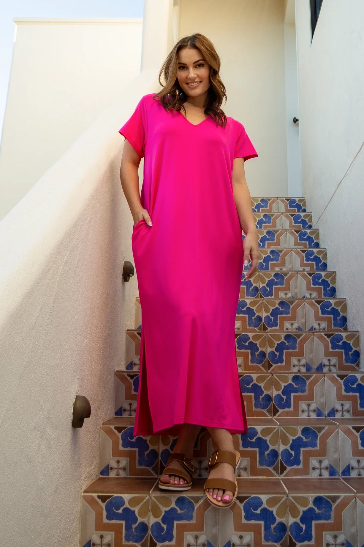 Women's Stylish Outdoor Outfit Designer Wear On Sale TShirt Maxi Dress Magenta