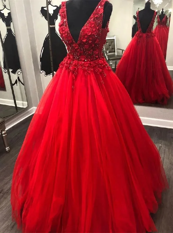 Stylish Women's Garments For Holidays Unleash Your Fashion V Neck Beading Red Lace Floral Long Prom Dresses, Gorgeous Red Evening Dresses PO432