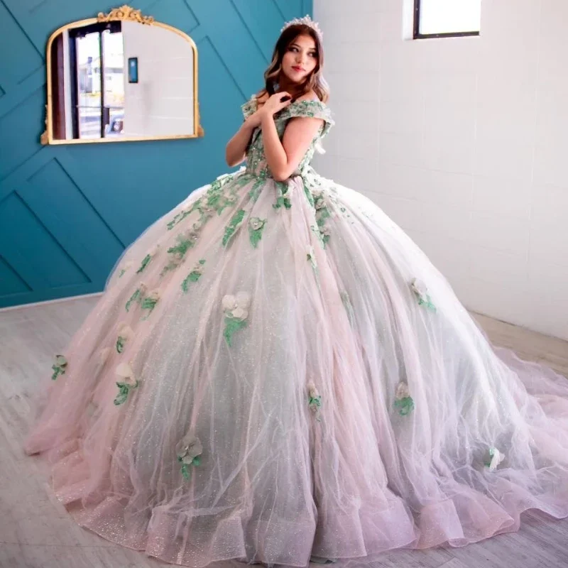 Elegant Women's Attire Style Streetwear Sexy V-Neck Sweet 16 Quinceanera Dress Off Shoulder Appliquéd Flower Ball Gown Princess Party Birthday Dress Vestidos De