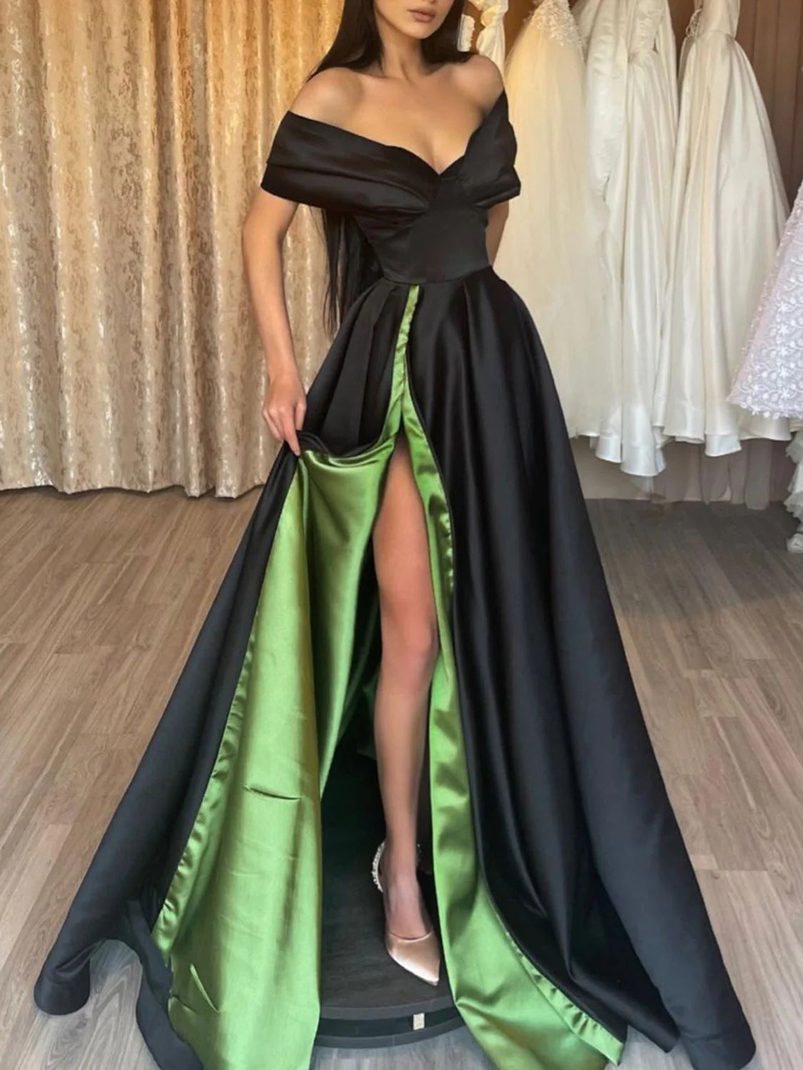 Classic Clothes For Women Flowing Silhouette Amzcw Simple black satin off shoulder long prom dress black evening dress prom dresses shops