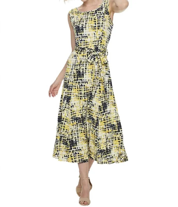 Women's Functional Outdoor Garments Stylish Savings Sylvia Self Sash Midi Dress In Navy,yellow Multi