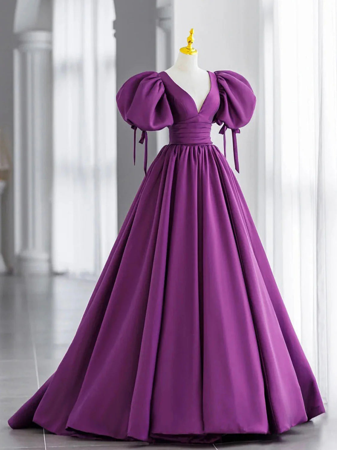 Women's Occasion Wear Clothing Lightweight Fabric Amzcw Purple V Neck Satin Long Prom Dresses Purple Evening Dresses prom dress in store